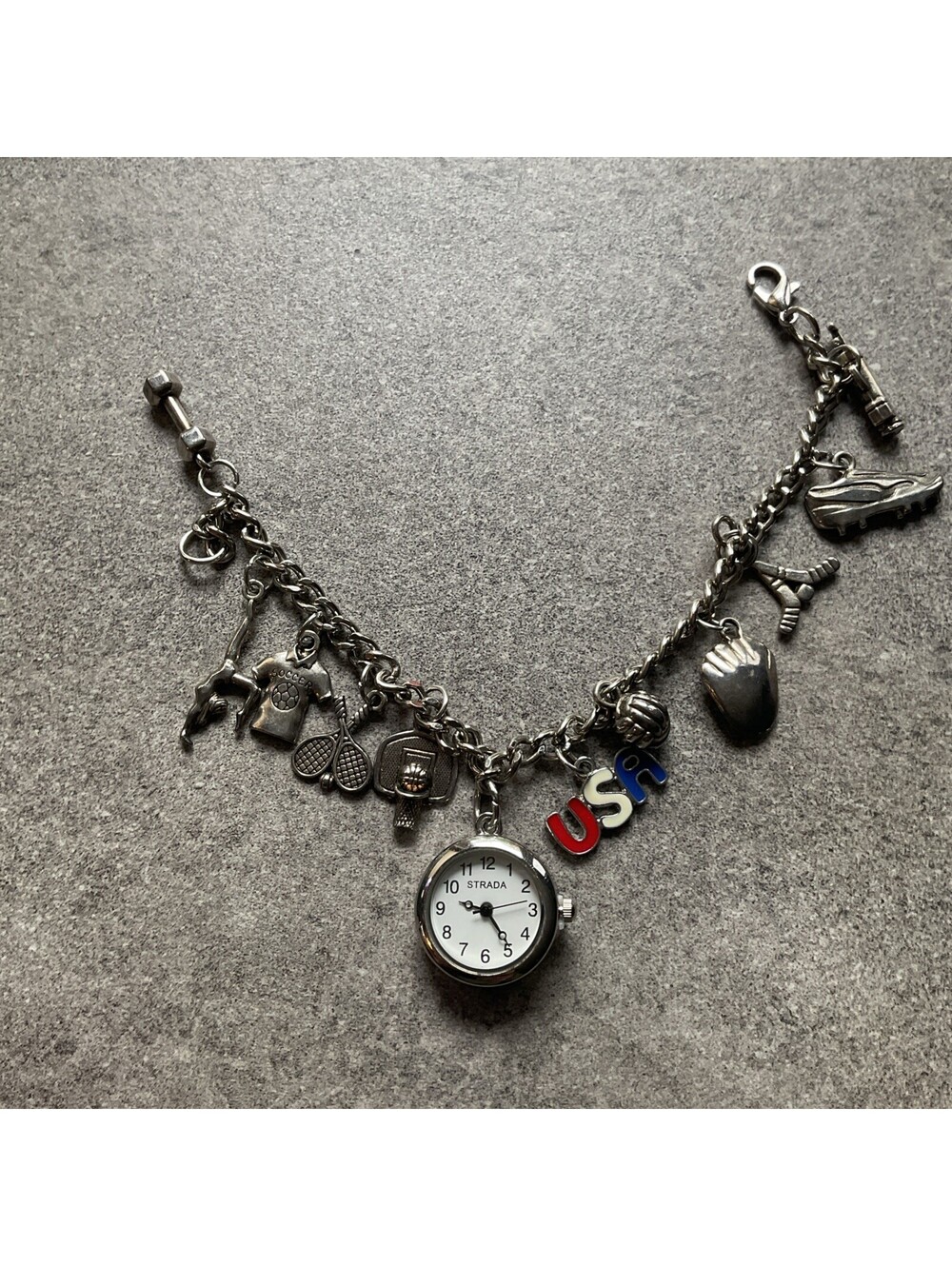 Cool Strada Women’s Sports Themed Charm Bracelet Watch Silver Tone NWOT A9